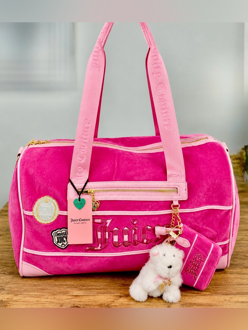 Juicy Couture Hot Pink Velour Weekender Duffel Bag Queen of Couture & Charms